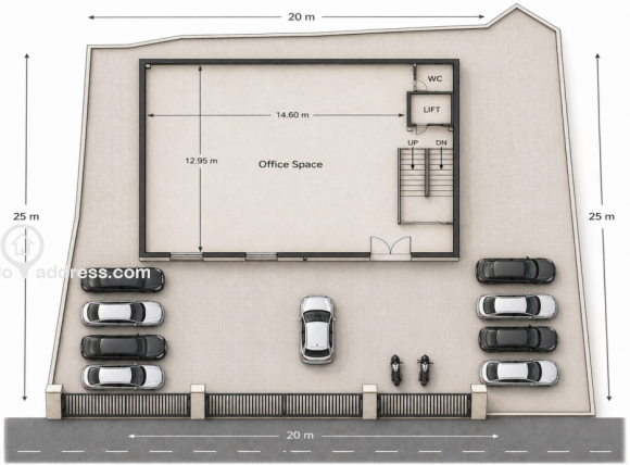 Floor plan with parking layout — 1,850 sq ft per floor, lift, 10+ car parking